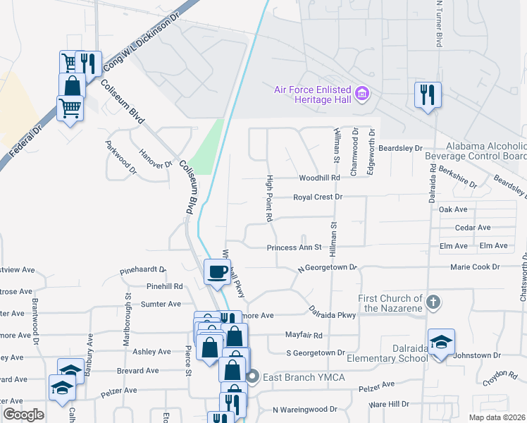 map of restaurants, bars, coffee shops, grocery stores, and more near 1012 High Point Road in Montgomery