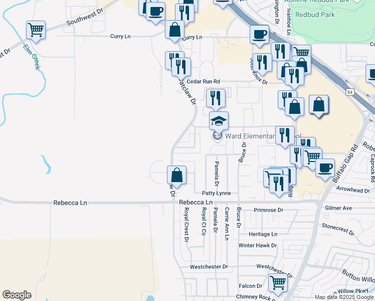 map of restaurants, bars, coffee shops, grocery stores, and more near 3913 Garden Grove Ln in Abilene