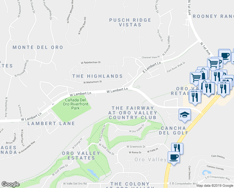 map of restaurants, bars, coffee shops, grocery stores, and more near 45 West Lambert Lane in Oro Valley