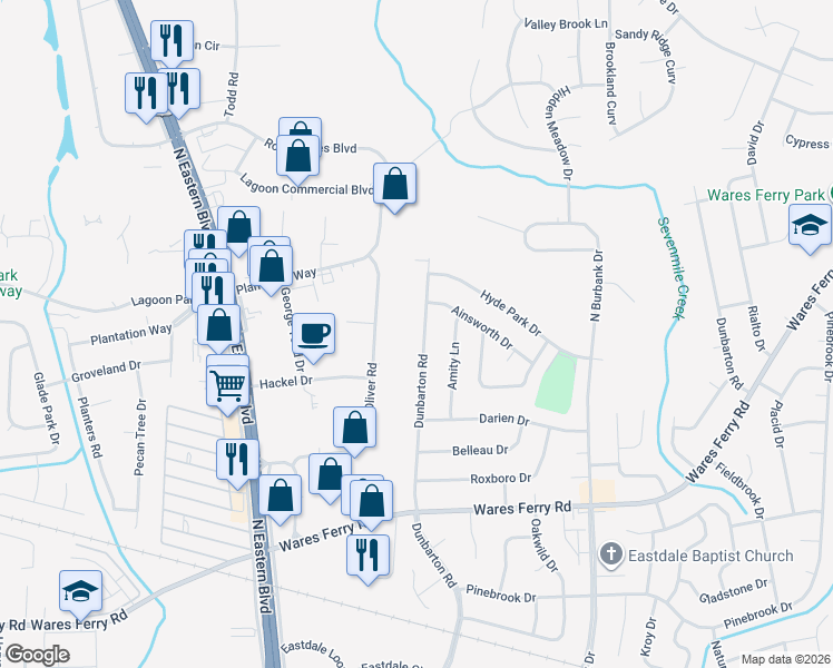 map of restaurants, bars, coffee shops, grocery stores, and more near 857 Dunbarton Rd in Montgomery