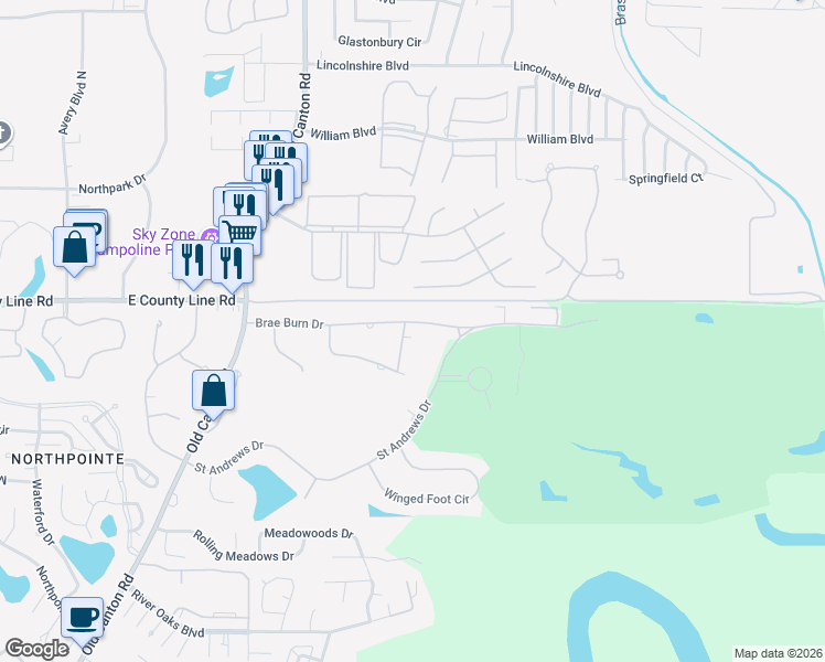 map of restaurants, bars, coffee shops, grocery stores, and more near 175 Olympia Fields in Jackson