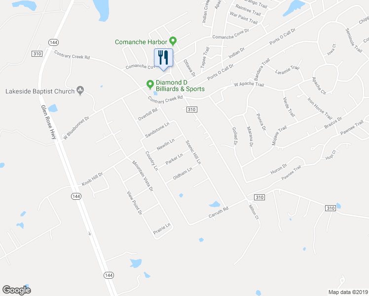 map of restaurants, bars, coffee shops, grocery stores, and more near 622 Parker Lane in Granbury