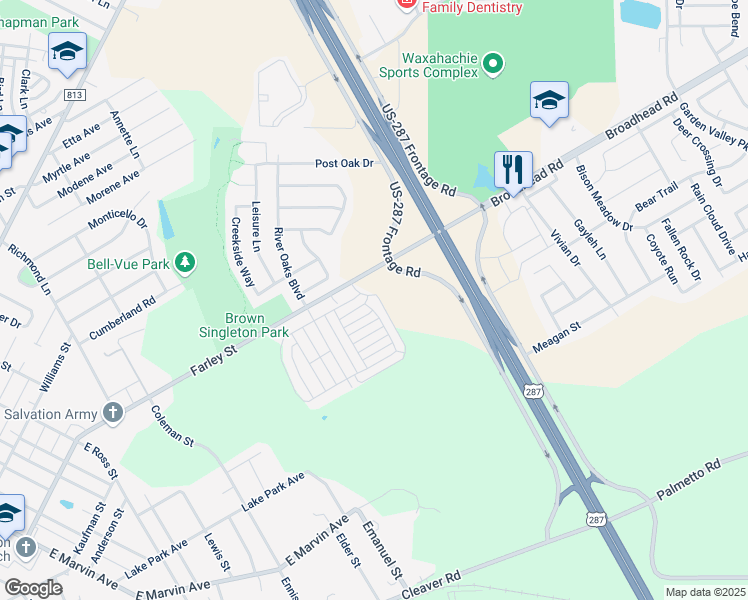 map of restaurants, bars, coffee shops, grocery stores, and more near 989 Farley Street in Waxahachie