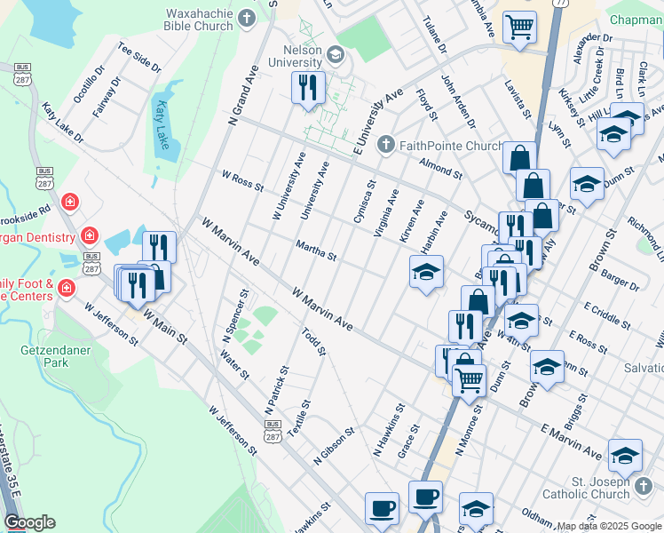 map of restaurants, bars, coffee shops, grocery stores, and more near 121 Cynisca St in Waxahachie