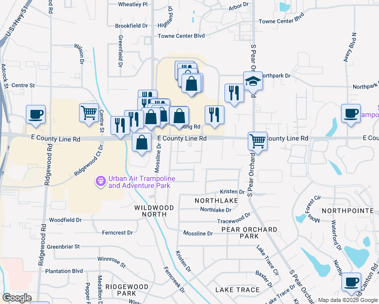 map of restaurants, bars, coffee shops, grocery stores, and more near 1255-1485 East County Line Road in Jackson