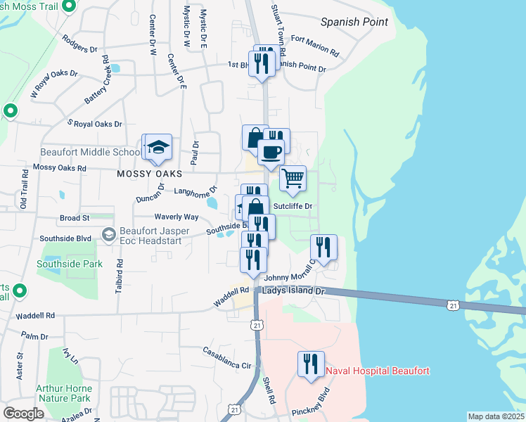map of restaurants, bars, coffee shops, grocery stores, and more near 1360 Ribaut Rd in Port Royal
