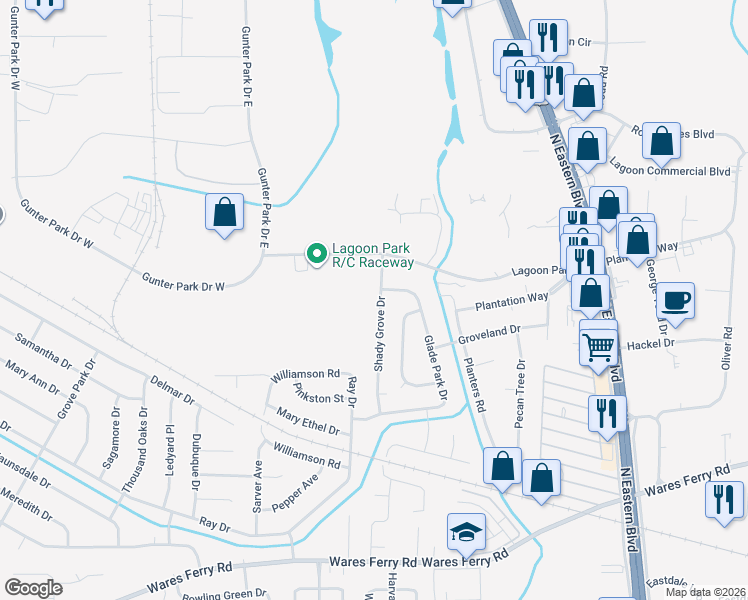 map of restaurants, bars, coffee shops, grocery stores, and more near 576 Shady Grove Drive in Montgomery