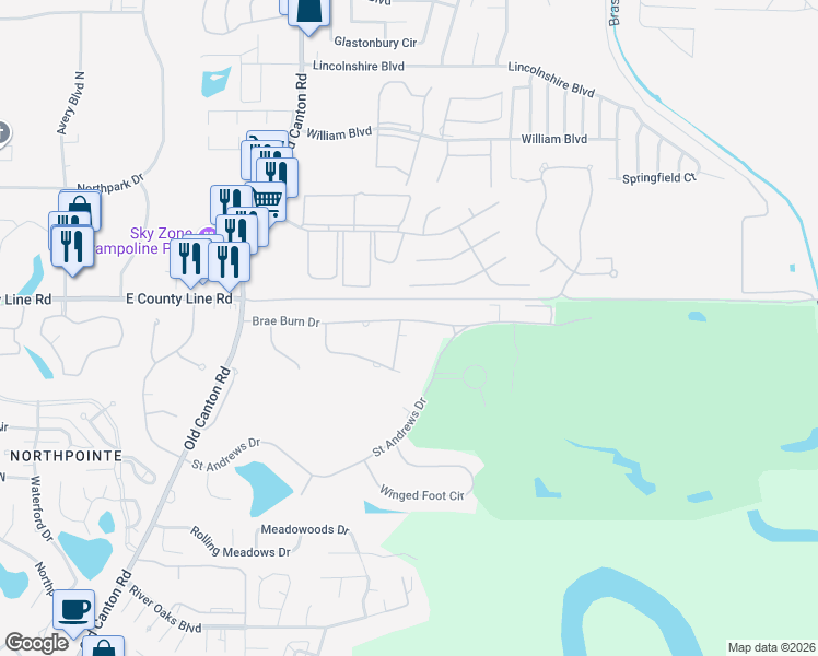 map of restaurants, bars, coffee shops, grocery stores, and more near 175 Olympia Fields in Jackson