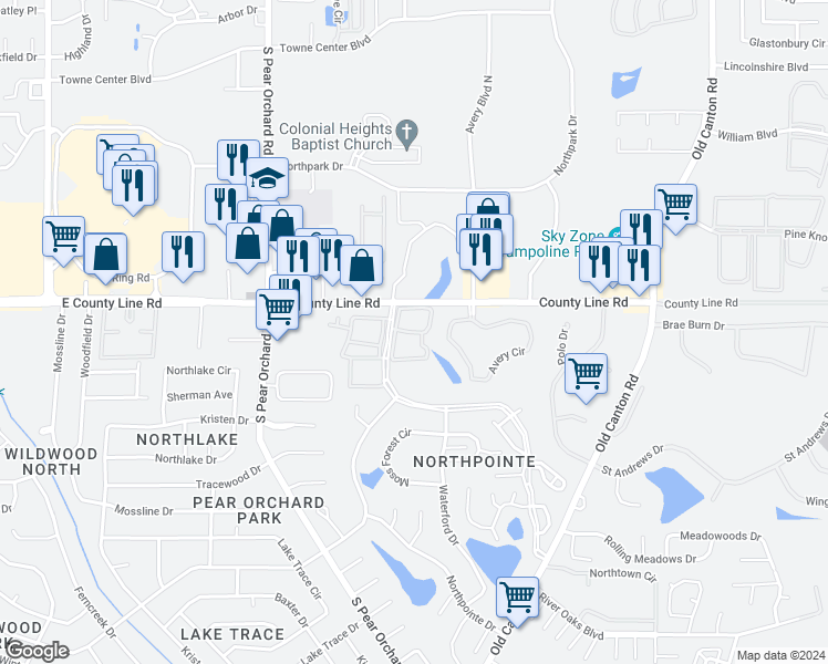 map of restaurants, bars, coffee shops, grocery stores, and more near 600 Northpointe Parkway in Jackson