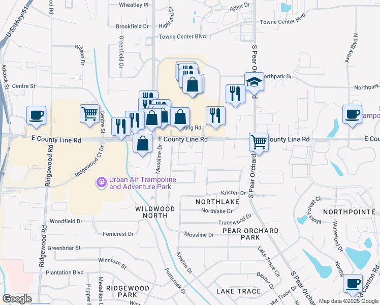 map of restaurants, bars, coffee shops, grocery stores, and more near 1255-1485 East County Line Road in Jackson