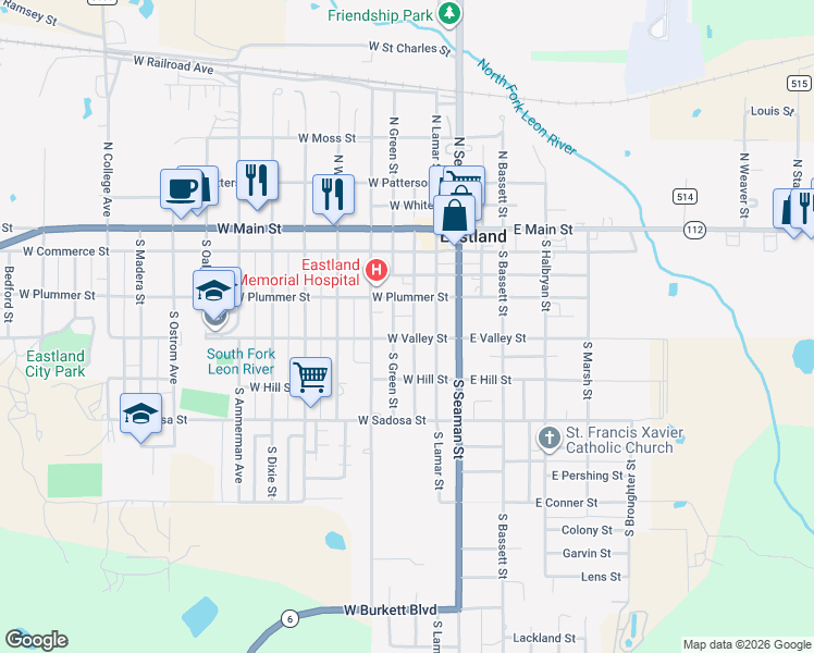 map of restaurants, bars, coffee shops, grocery stores, and more near 411 South Mulberry Street in Eastland