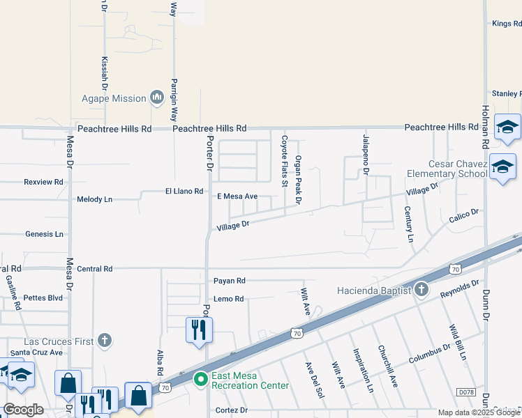 map of restaurants, bars, coffee shops, grocery stores, and more near 5806 Desert Mesa Place in Las Cruces