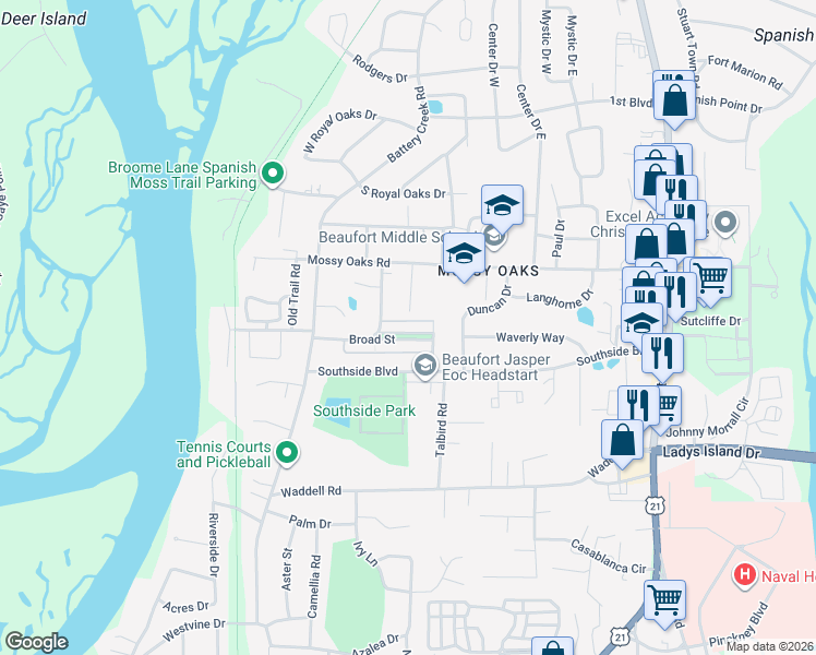 map of restaurants, bars, coffee shops, grocery stores, and more near 2663 Broad St in Beaufort