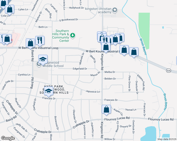 map of restaurants, bars, coffee shops, grocery stores, and more near 925 Edgefield Dr in Shreveport