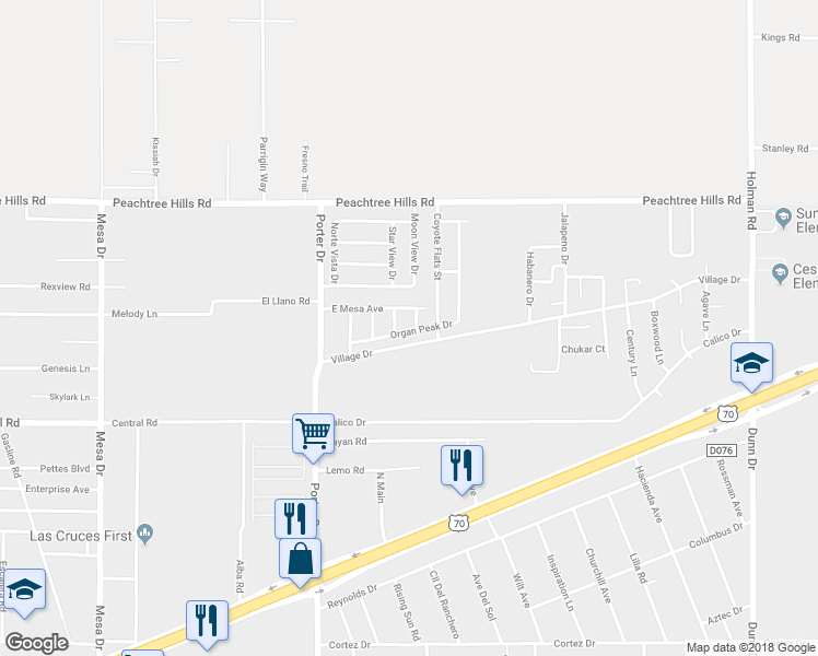 map of restaurants, bars, coffee shops, grocery stores, and more near 5807 Coyote Peak Place in Las Cruces