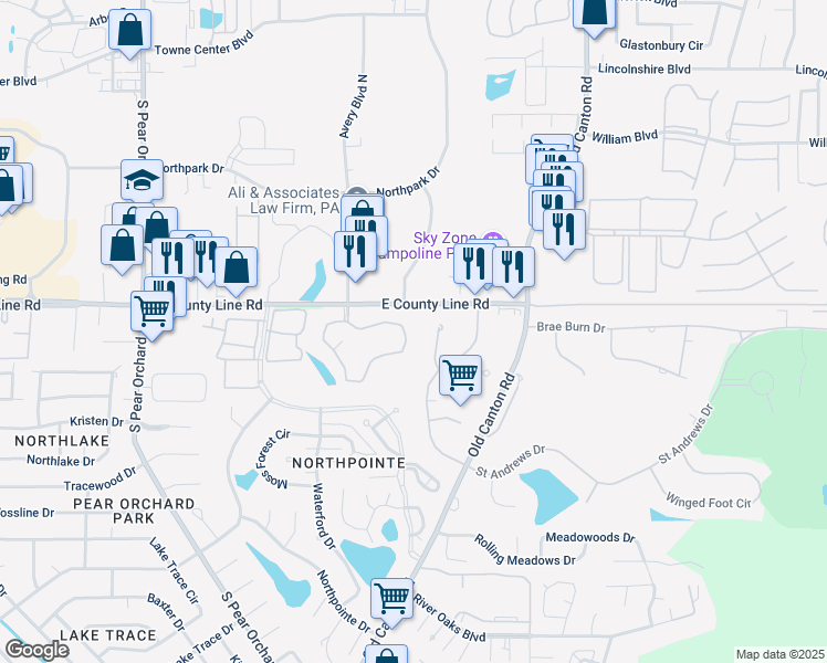 map of restaurants, bars, coffee shops, grocery stores, and more near 10 Avery Circle in Jackson