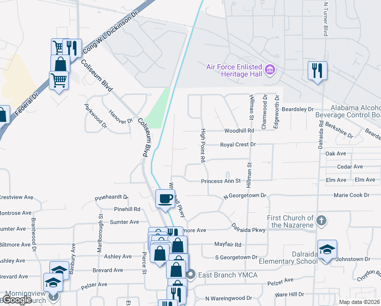 map of restaurants, bars, coffee shops, grocery stores, and more near 3324 Stratton Court in Montgomery