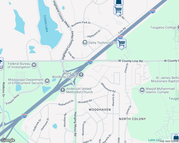 map of restaurants, bars, coffee shops, grocery stores, and more near 6352 Woodstock Drive in Jackson