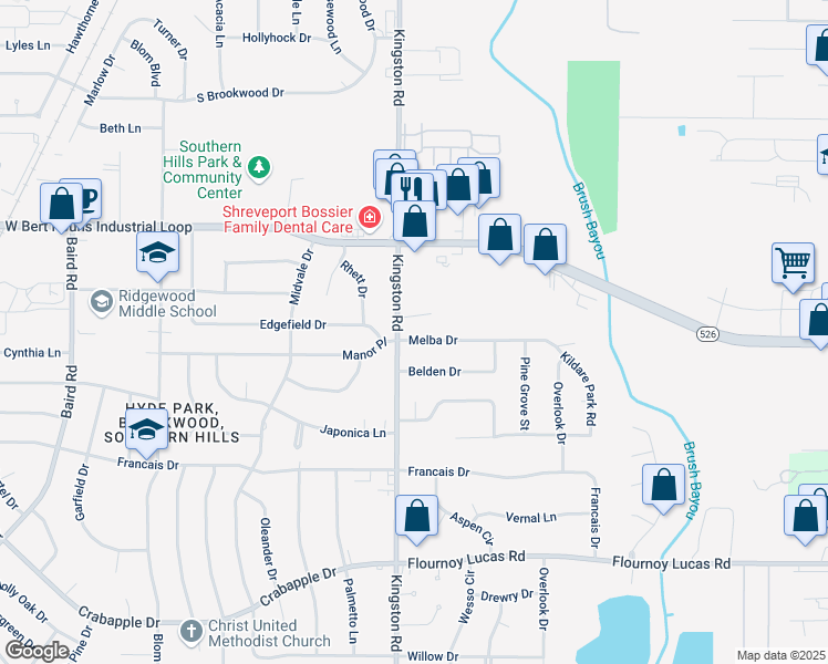 map of restaurants, bars, coffee shops, grocery stores, and more near 892 Melba Drive in Shreveport