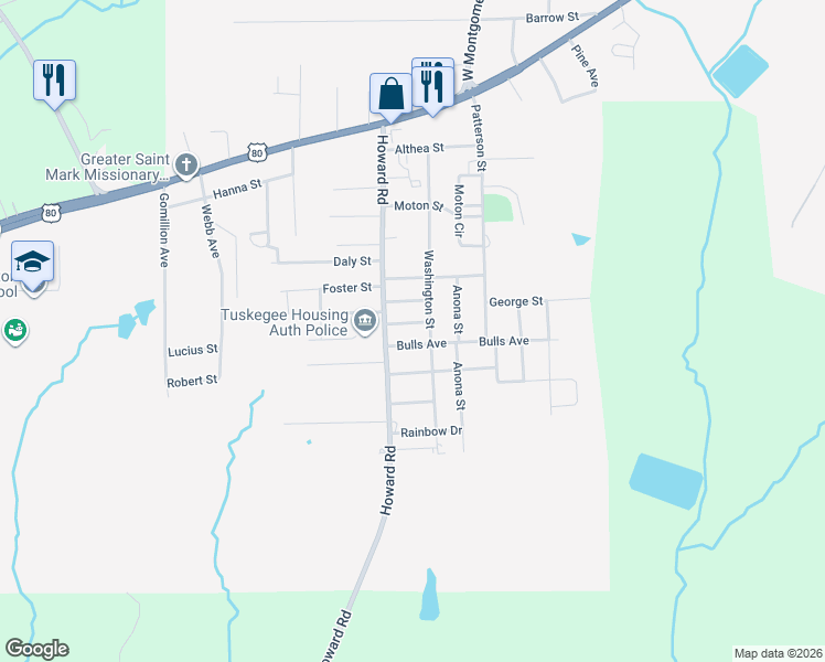 map of restaurants, bars, coffee shops, grocery stores, and more near 2800-2898 Bulls Ave in Tuskegee