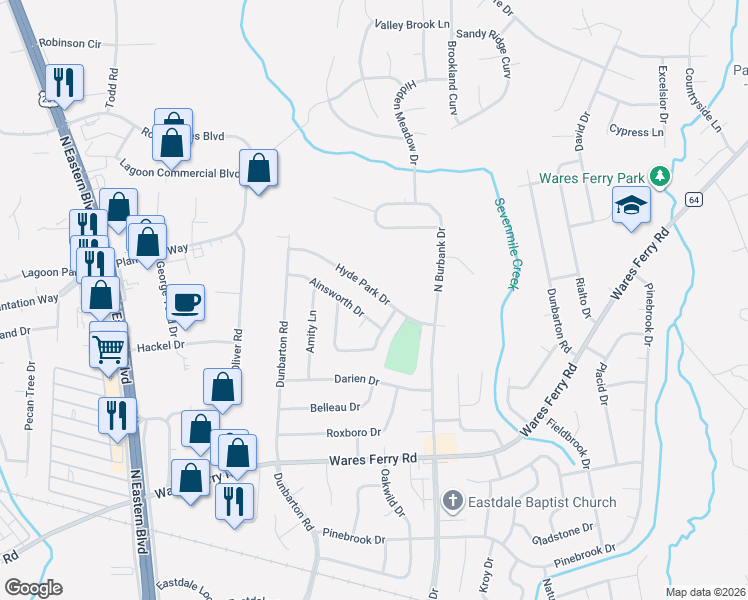 map of restaurants, bars, coffee shops, grocery stores, and more near 5785-5789 Hyde Park Drive in Montgomery