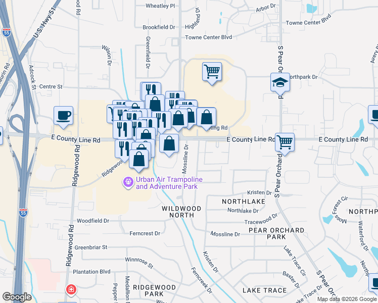 map of restaurants, bars, coffee shops, grocery stores, and more near 6259 Mossline Dr in Jackson