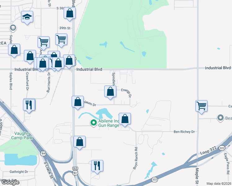 map of restaurants, bars, coffee shops, grocery stores, and more near 1017 Energy Drive in Abilene