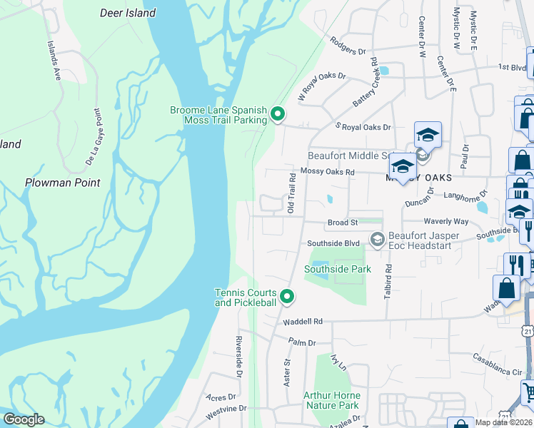 map of restaurants, bars, coffee shops, grocery stores, and more near 120 Cedar Grove Circle in Beaufort