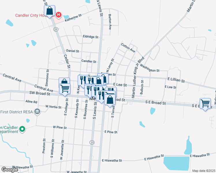 map of restaurants, bars, coffee shops, grocery stores, and more near 35 North Leroy Street in Metter