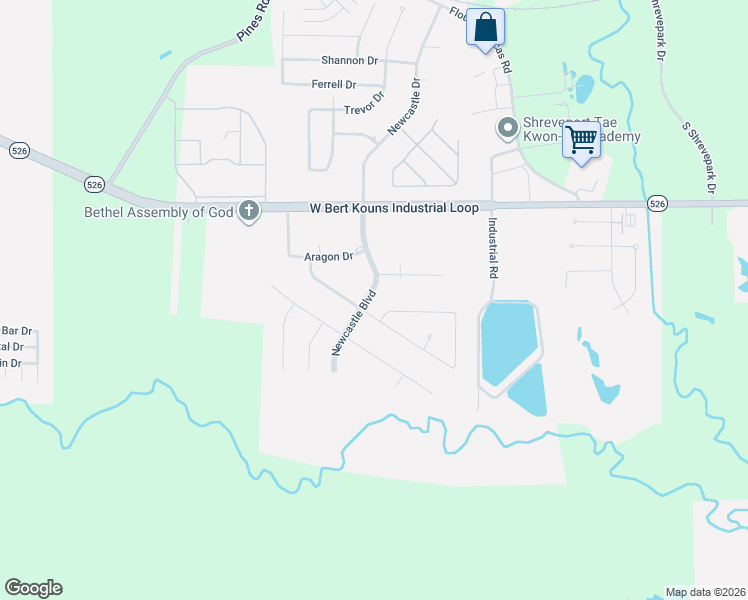 map of restaurants, bars, coffee shops, grocery stores, and more near 9339 Castlebrook Drive in Shreveport