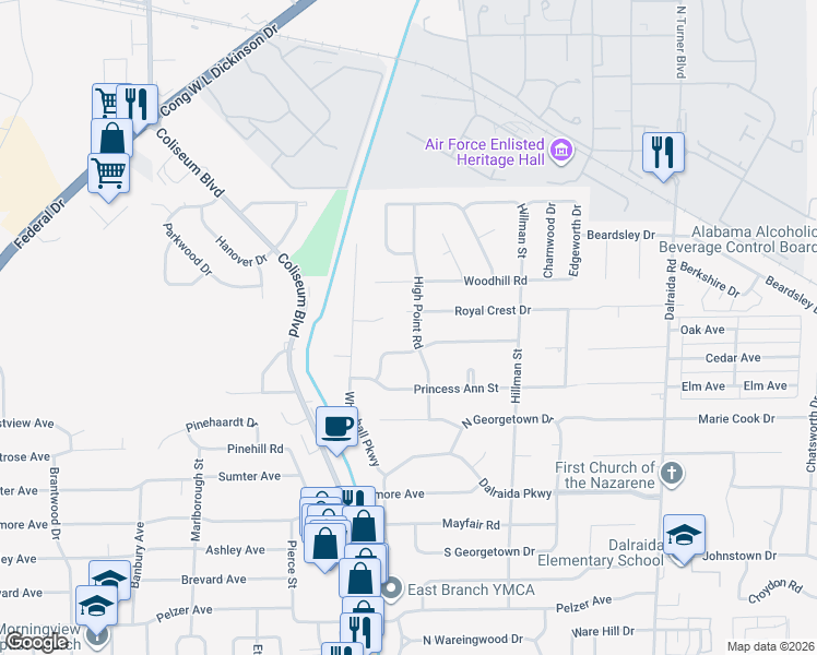 map of restaurants, bars, coffee shops, grocery stores, and more near 1012 High Point Road in Montgomery