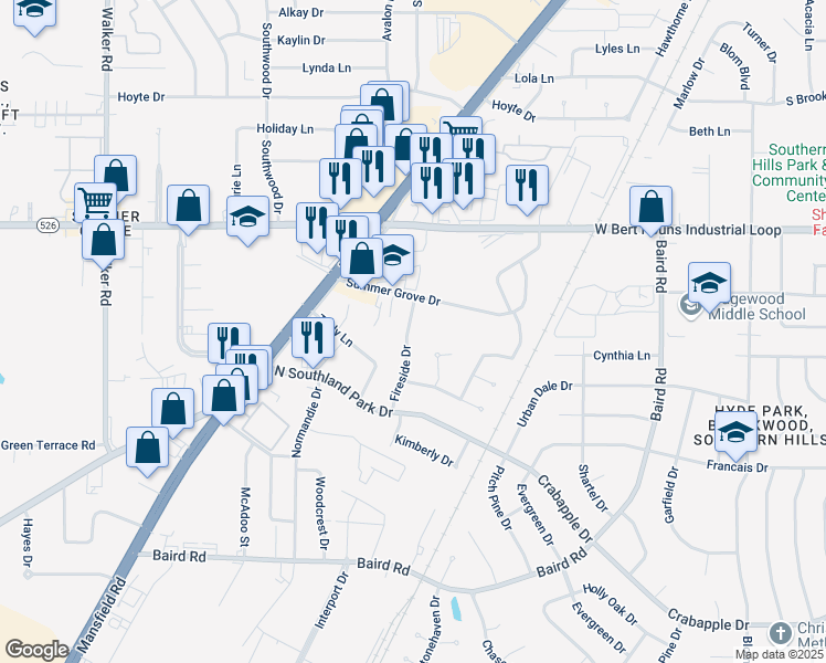 map of restaurants, bars, coffee shops, grocery stores, and more near 9319 Fireside Drive in Shreveport