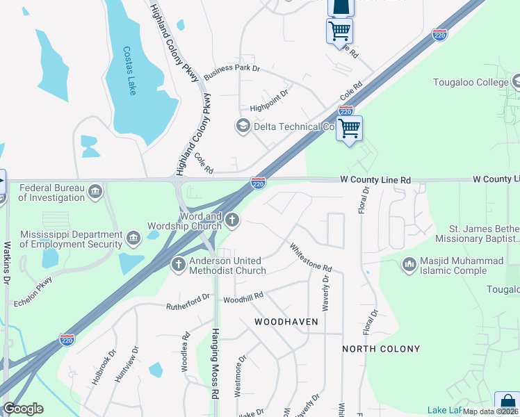 map of restaurants, bars, coffee shops, grocery stores, and more near 6352 Woodstock Drive in Jackson