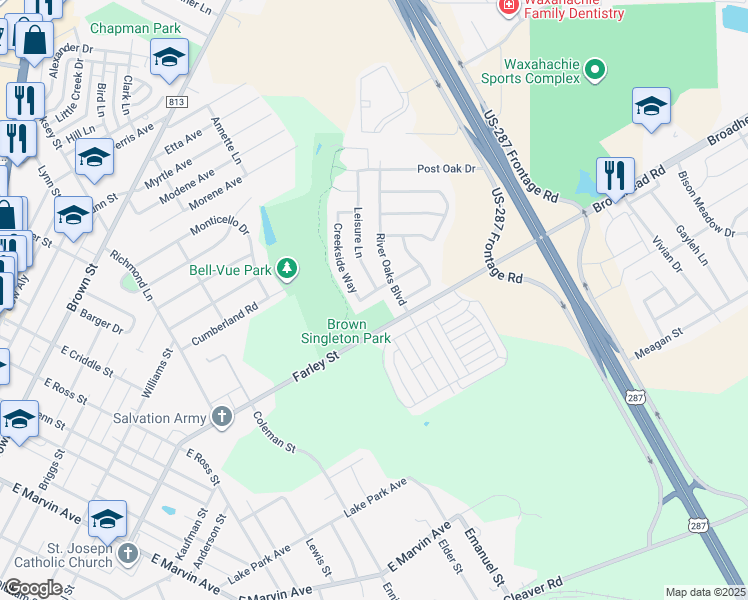 map of restaurants, bars, coffee shops, grocery stores, and more near 92 Briar Lane in Waxahachie