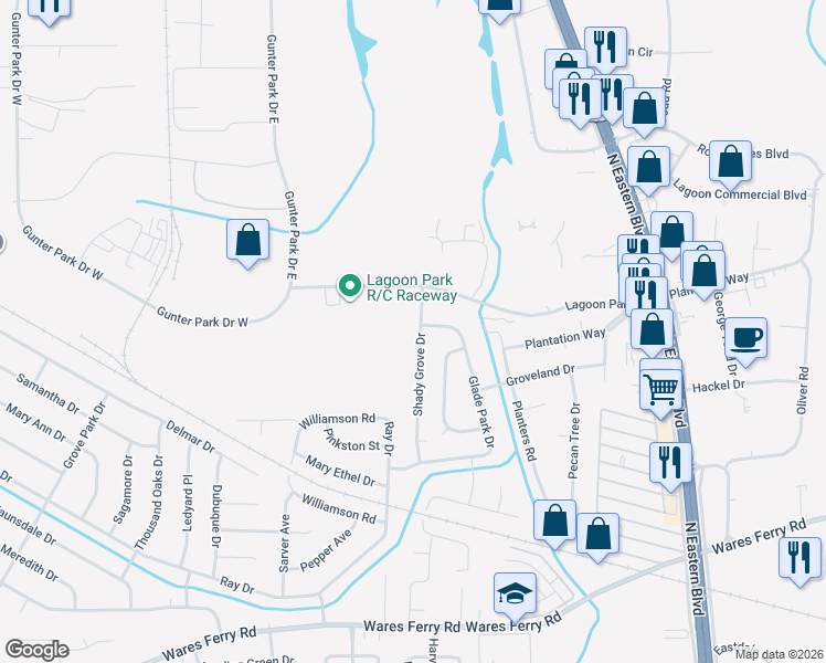 map of restaurants, bars, coffee shops, grocery stores, and more near 576 Shady Grove Drive in Montgomery