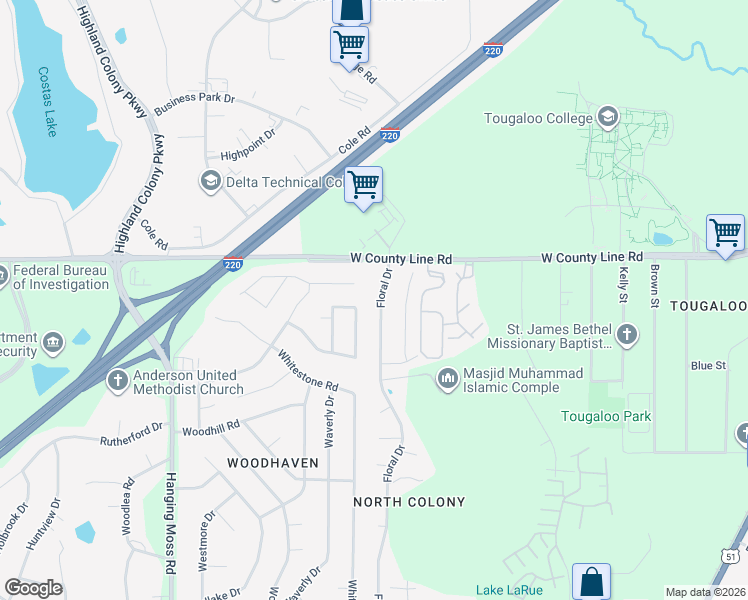 map of restaurants, bars, coffee shops, grocery stores, and more near 6157 Floral Drive in Jackson