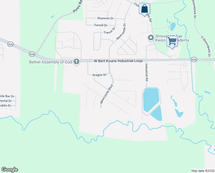 map of restaurants, bars, coffee shops, grocery stores, and more near 9339 Castlebrook Drive in Shreveport