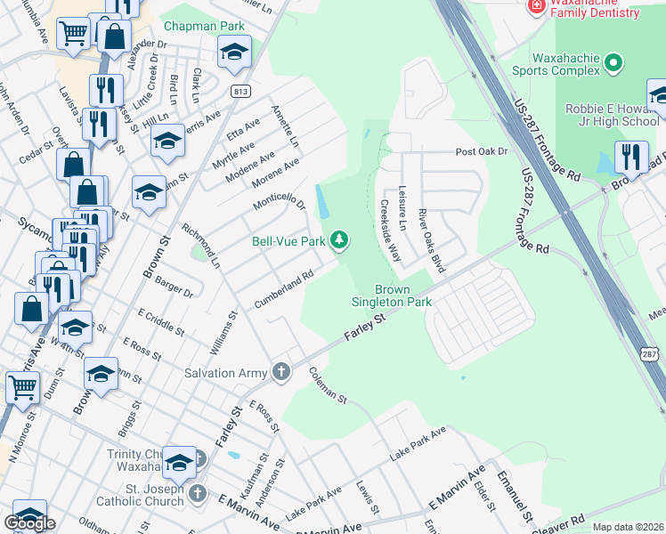 map of restaurants, bars, coffee shops, grocery stores, and more near 304 Cumberland Road in Waxahachie