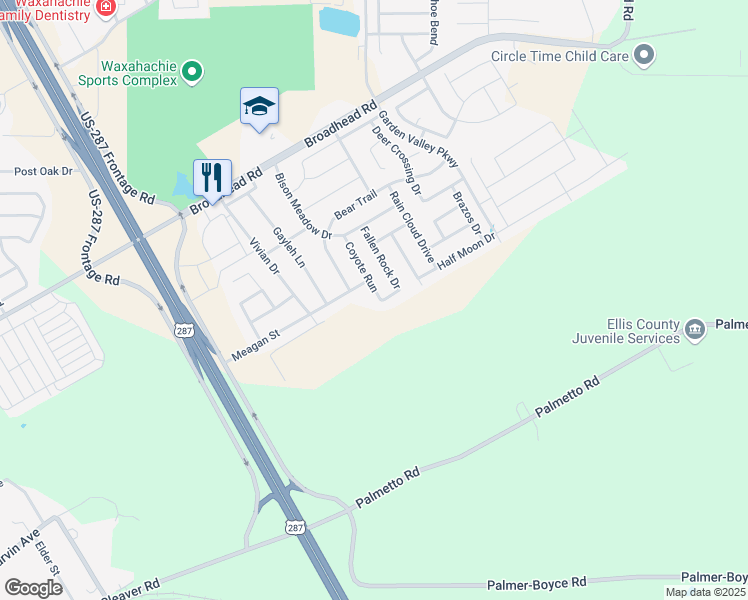 map of restaurants, bars, coffee shops, grocery stores, and more near 105 Coyote Run Drive in Waxahachie