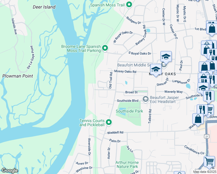 map of restaurants, bars, coffee shops, grocery stores, and more near 1117 Old Trail Road in Beaufort