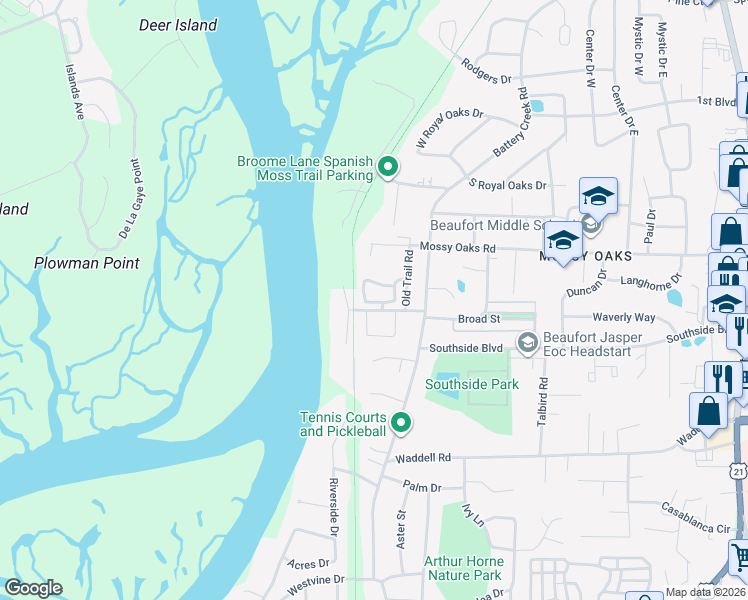 map of restaurants, bars, coffee shops, grocery stores, and more near 120 Cedar Grove Circle in Beaufort