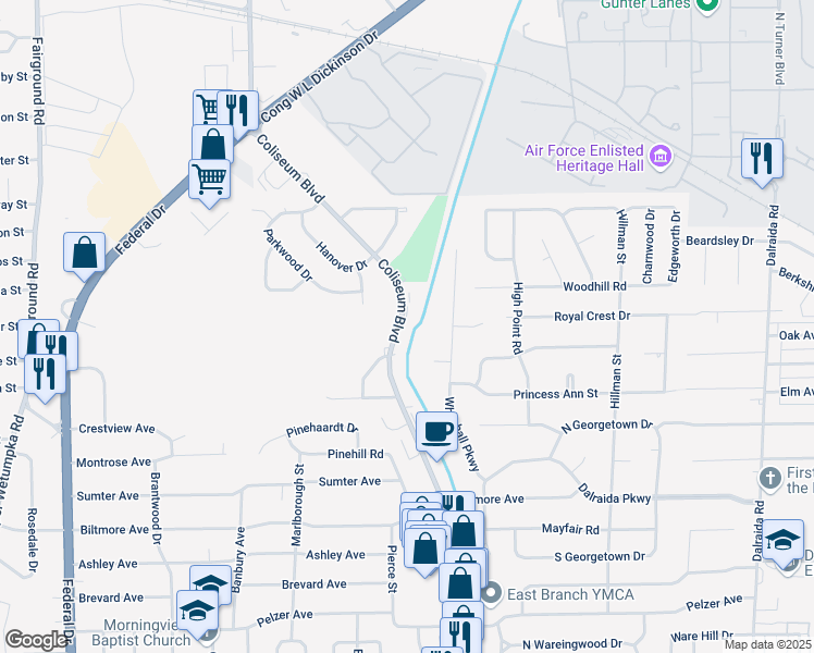 map of restaurants, bars, coffee shops, grocery stores, and more near 740 Coliseum Boulevard in Montgomery
