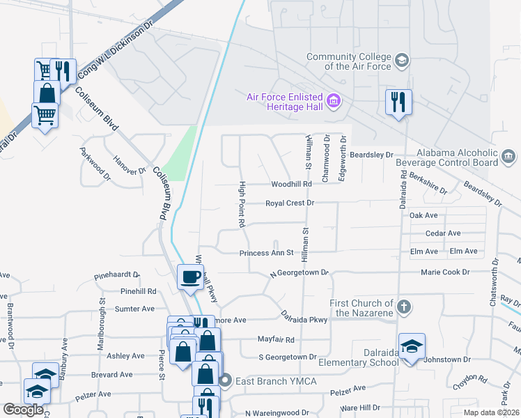 map of restaurants, bars, coffee shops, grocery stores, and more near 3535 Prince George Drive in Montgomery