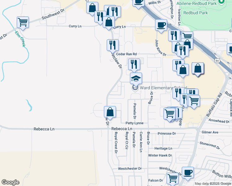 map of restaurants, bars, coffee shops, grocery stores, and more near 3913 Garden Grove Lane in Abilene