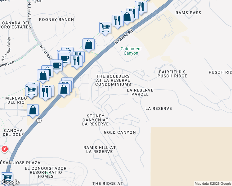 map of restaurants, bars, coffee shops, grocery stores, and more near 1551 East Sonoran Desert Drive in Tucson