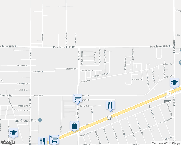 map of restaurants, bars, coffee shops, grocery stores, and more near 5816 Desert Peak Place in Las Cruces