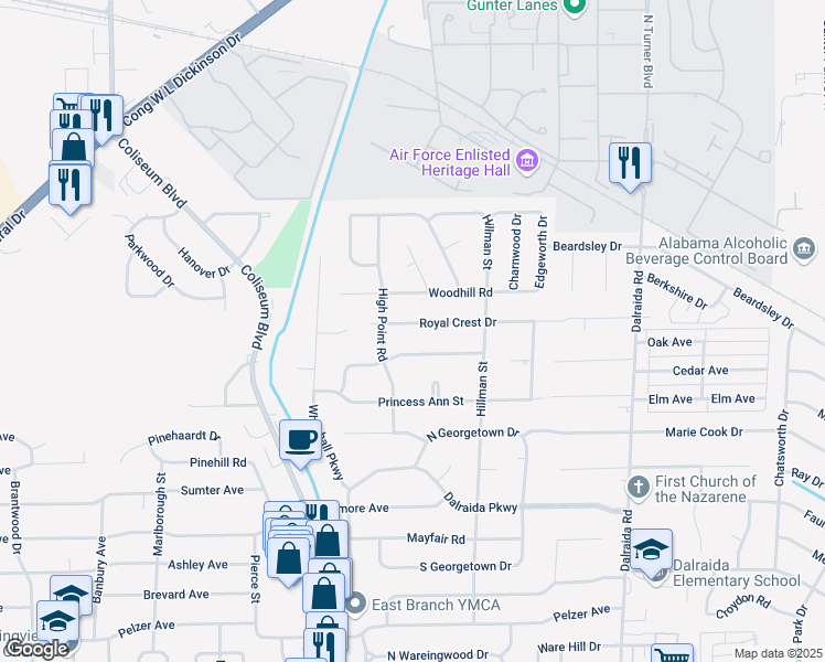 map of restaurants, bars, coffee shops, grocery stores, and more near 3535 Prince George Drive in Montgomery