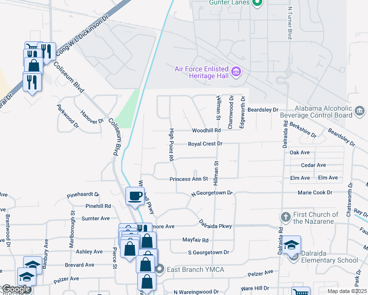 map of restaurants, bars, coffee shops, grocery stores, and more near 3520 Royal Crest Drive in Montgomery
