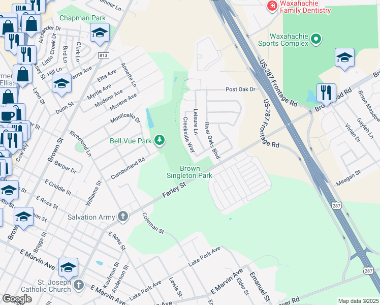 map of restaurants, bars, coffee shops, grocery stores, and more near 307 Creekside Way in Waxahachie