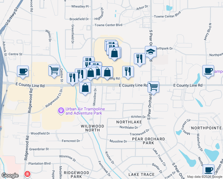 map of restaurants, bars, coffee shops, grocery stores, and more near 1255-1485 East County Line Road in Jackson